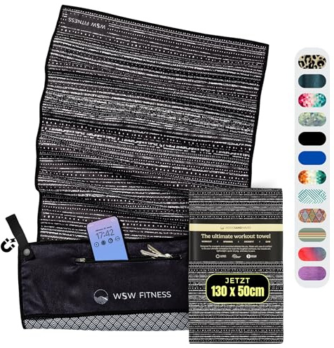 WOODSANDWAVES Sporthandtuch Fitnessstudio mit Reißverschluss Tasche & Magnet - Schnelltrocknend & rutschfest - Mikrofaser Fitness Handtuch Sport Fitnesshandtuch - Gym Handtuch & Zubehör - 130x50 cm