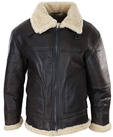 Mens Brown Real Sheepskin Flying Jacket Zipped Cream Fur Classic WW2 Pilot Military - Camel M