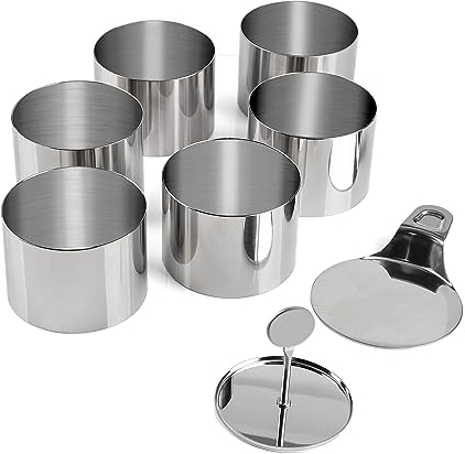 SWAWIS 6 Piezas Aros de Cocina Set, Ø 7.5cm Anillo de Pastel con Elevador y Apisonador, Redonda Aros para Postre y Comida para Pasteles Mousse Bolas de Arroz, Anillos para Tartas