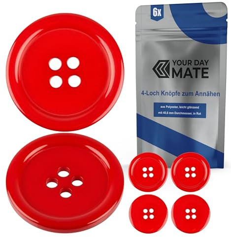 Knöpfe für Bekleidung, 6 Stück, 4-Loch, Ø 40,6 mm, in Rot, aus Polyester, Größe 64L, Harzknöpfe für Jacke, Mantel, Hemd, Poloshirt, DIY Knopf Kunstharz, Wäscheknöpfe, Basis Button, Bastelknöpfe