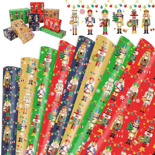 HOWAF 8 Hojas Papel Regalo Navidad, Soldados Cascanueces de Navidad Regalos Papel de Regalo Navidad Rollo Grande papel regalo rollo papel regalo infantil Papel de Regalo Infantil, 70 x 50 cm Gift Wrap