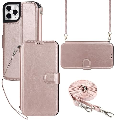 ELTEKER Hülle für iPhone 11 Pro Max Handyhülle mit Band Crossbody Strap, Klapphülle mit dem Verstellbaren Umhängeband - Rosa