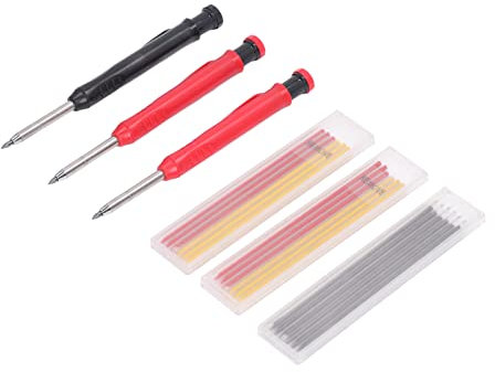 HOHXFYP Mechanische Zimmermannsbleistifte, 3 Stück, Solide Holzbearbeitungsbleistifte mit Tiefen Löchern und Nachfüllungen, Rutschfester, Langer, Spitzer Druckbleistift mit Clip