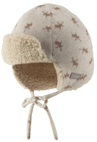 Sterntaler Fliegermütze Bedruckt mit Rentieren - Jungen Holzfällermütze mit angeschnittenen Ohrenklappen und Bindeband - Baby und Kinder Wintermütze, gefüttert mit Baumwollteddy- Natur, 43