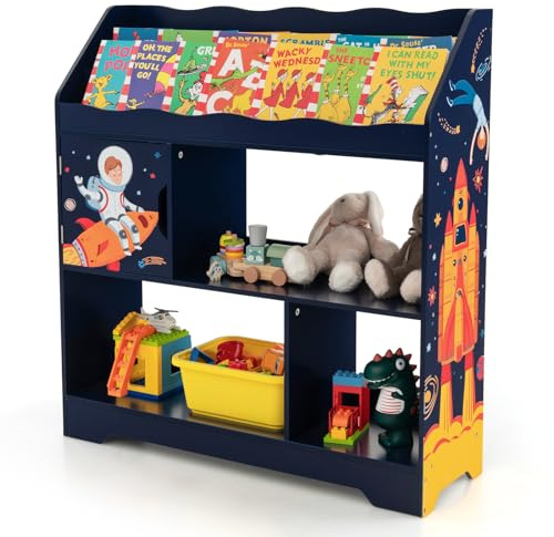 DREAMADE Kinderregal, Kinder Bücherregal mit 3-Fach Regal & Schrank &3 Ablage, Aufbewahrungsregal mit Raketen- & Astronautenmuster, Kinderregal mit Kippschutz, Spielzeugregal für Kinderzimmer (Blau)