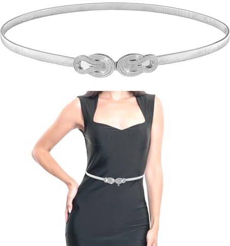 Amaxiu Metall Goldgürtel für Damen, verstellbarer schmaler Taillengürtel Stretch Kettengürtel Kleid Cinch Gürtel dünne Gürtel für Damen(Silber)