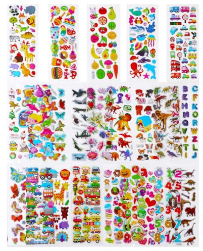 FNGEEN Puffy Stickers for Kids Toddlers, Small Children Sticker Pack, 24 Sheets 3D Sticker Bulk, Mini Party Favor Party Bag Filler Kid Boy Girl (Dinosaur Car Animal Dog Flower Heart Number Food Truck)