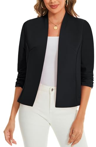 3/4 Ruched Sleeve Cardigans Blazer for Womens Front Lined Crop Shrug Jacket | 3/4 Ruched Sleeve Open Front Cardigans Blazer Front Lined Women Regular Fit Blazer Crop Shrug Jacket Smart Cover Up Run Small