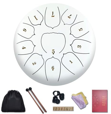 BAMFY Stahlzungentrommel 11 Ton 6 Zoll Handtrommel Für Erwachsene Kinder Regentrommel Mit Tasche, Stöcken, Notenbuch, Schlägel, Fingerschutz Chakra Drum(Weiß)
