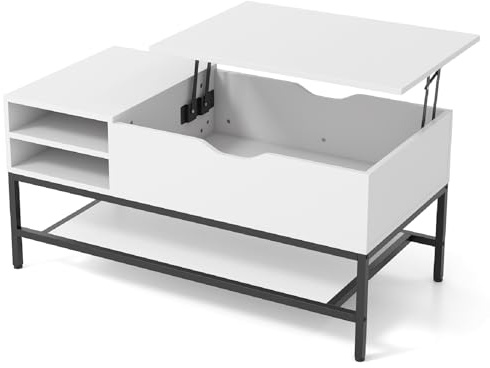 CASART Lift Top Coffee Table, Wood Center Table with Lift Up Top, Hidden Storage & Open Shelf, Modern Low Table Tea Table for Living Room Reception Room, 100 x 49 x (47-61) cm (White)