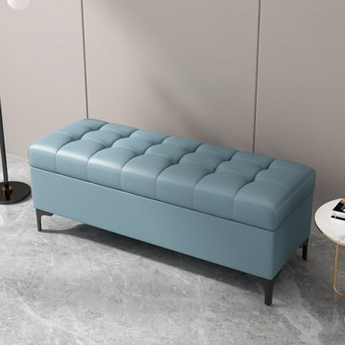 Blaue gepolsterte Bettbank mit sanft schließendem Deckel, rechteckige Ottomane, Aufbewahrungsbank für Schlafzimmer und Wohnzimmer, extra langer Fußhocker mit Stauraum (80 x 40 x 43 cm)