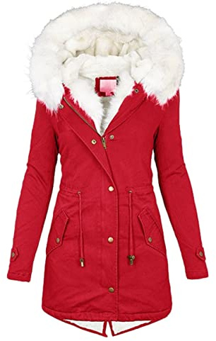 FUPODD Wintermantel Damen Mittellang Winterjacke Warm Gefüttert Fleece Parka Mantel Mit Kapuze Kunstpelzkragen Jacke Frauen Winter Winterparka Verdickene Outdoor Übergangsjacke Mit Knöpfen Zipper