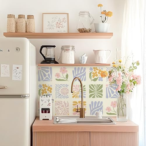 Alwayspon Piastrelle autoadesive da parete in vinile, 25 pezzi, 15 cm, autoadesive, per pavimenti in vinile, impermeabili, paraspruzzi per cucina, bagno, motivo floreale