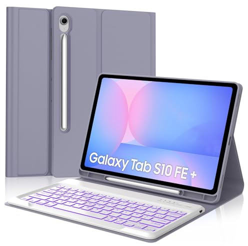 Coque Clavier pour Samsung Galaxy Tab S10 FE Plus/S10 FE+ 13.1 Pouces 2025 | 7 Couleurs Rétroéclairées, Étui Keyboard Détachable Bluetooth sans Fil, AZERTY Français avec Porte Crayon, Violet gris