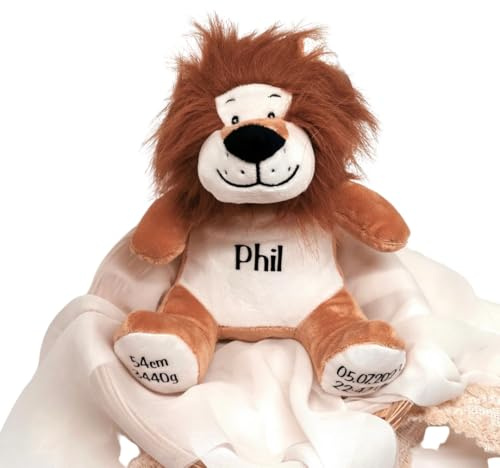Personalisiertes Kuscheltier Löwe mit Namen & Geburtsdaten – Geschenk zur Geburt, Taufe & Geburtstage – Weiches Plüschtier für Babys & Kinder, Beige