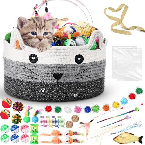 Zopeal 76 Pcs Easter Cat Storage Basket Gift Toys Set Interactive Cat Toys Kitten Wand Colorful Flashing Balls Pet Crinkle Balls Attract Kitten to Swat, Hunt for Pet Indoor(Grey)