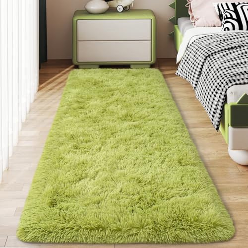 Ailyei Soft Runner Rugs for Bedroom Hallways, 2x6 Grass Green Fluffy Shag Throw Area Rug Non Slip for Bedside Dorm, Long Shaggy Furry Carpet for Nursery Living Room