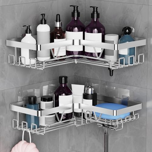YIGII Duschablage Ecke – Duschregal Edelstahl Silber, Duschablage Edelstahl Ohne Bohren mit Seifenhalter und Haken, Badezimmer Ablage Ohne Bohren, Duschhalterung für Shampoo, 2 Stück