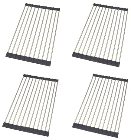 Faltbarer Topfuntersetzer aus Edelstahl – 4er Set – Hitzebeständiger Roll-Untersetzer für Spüle & Arbeitsplatte, Antirutsch Silikon, Abtropfgitter & Küchenhelfer, zusammenklappbar (37x21 cm)
