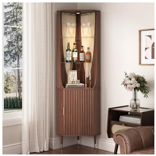 JOINICE 70 Tall Corner Bar Cabinet, Mid-Century Modern Fluted Storage Cabinet with Glass Shelves, Door & LED Lighting, Space-Saving Liquor Cabinet for Living Room, Kitchen, or Dining Room, Walnut