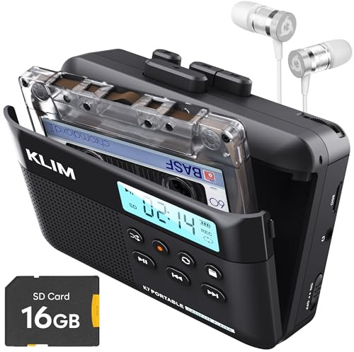 KLIM K7 Cassette Tape Player with Fusion Earphones - Cassette to MP3 Converter - Portable - Built-in Microphone & Speaker - Rechargeable Battery - Earphones - 16GB SD Card - Black