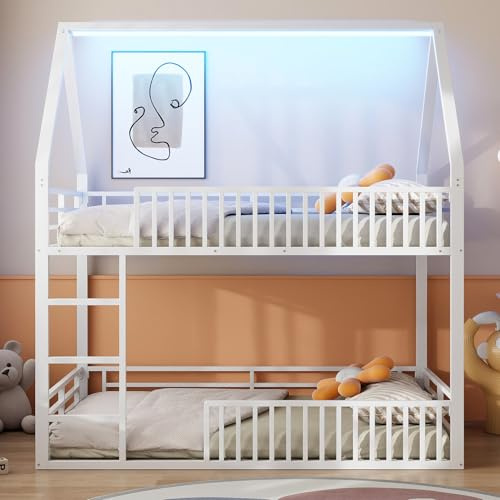 PUGSDRLY Lit Superposé Enfant 140x200cm en Métal,Lit Superposé 2 Places,Design Loft,Forme du Toit,avec éclairage LED,pour Enfant,sans Matelas (Blanc)