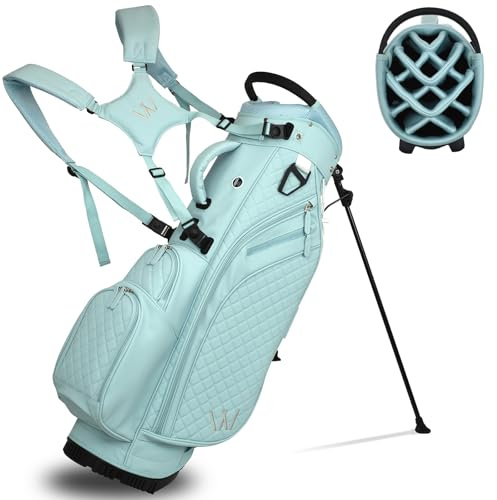 Wongle Luxuriöse Damen-Golftasche, PU-Leder, Golftasche für Damen/Damen, 14-Wege-Trennwände, ultraleicht, große Taschen für Zubehör (Puderblau)