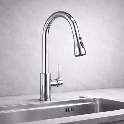 KELEMATI's Kitchen Tap Pull Out Faucet for Effortless Smooth Washing with 3 Modes, Controlled Water Flow & Flexible Spray, High Arc Swivel Mixer Tap, Stainless Steel, Easy Fit on Sink