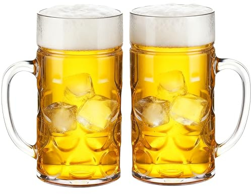 Rerii 38oz Plastic Beer Mugs with Handles Set of 2, Clear Large Beer Stein, Reusable Beer Glasses Drinking Cups for Home Hotel Bar Party Wedding & Costume