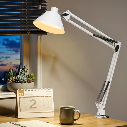 TonyEst Led Desk Lamp for Home Office - Swing Arm Desk Lamp with Clamp - Architect Adjustable Gooseneck Table Lamp with 5 Color Modes & 10 Brightness for Reading Working Drafting (White)