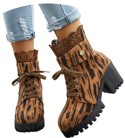 Damstövlar Med Snörning Och Dragkedja Plattformsstövlar Med Blockklack Mockastövlar Med Leopardmönster Vintage Vårhöga Klackar Plus Size Ankelskor(Brown,39 EU)