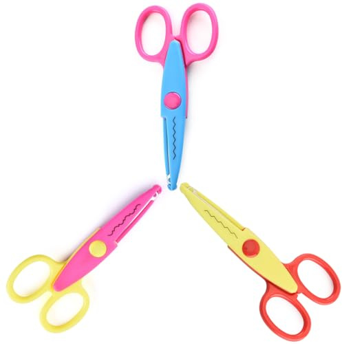 Set de 3 Tijeras Infantiles de Seguridad para Manualidades, Tijeras Niños 3 Años con Bordes Decorativos (Ondas, Escalera, Sello), Tijeras Escolares para Recortables y DIY, 13.5x6.2cm