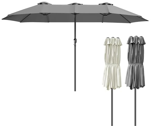 ISOISL dubbelt parasoll rektangulärt 464 x 279 cm med handvev, stort parasoll trädgårdsparaply terrassskärm marknadsparasoll, 12 stålribbor, UV-skydd 50+, vindtät, grå