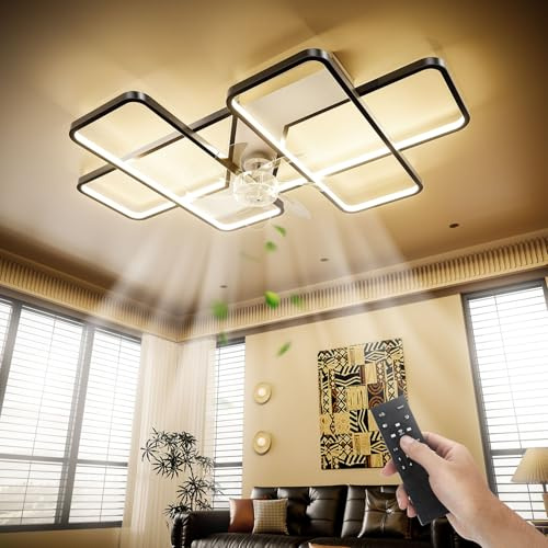 Oyajia Deckenventilator Mit Beleuchtung, Leise LED Dimmbar 80W Deckenlampe Mit Ventilator 6 Windgeschwindigkeit,Timing,Reversibel Lampe Mit Ventilator Für Wohnzimmer Schlafzimmer Küche Schwarz,90cm