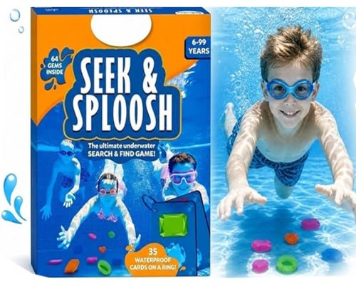 Junjie Juego de juguetes de buceo con tarjetas, juego de búsqueda bajo el agua con 64 piedras preciosas y 35 tarjetas impermeables, anillos de buceo para adultos y familia, juego de juguetes para