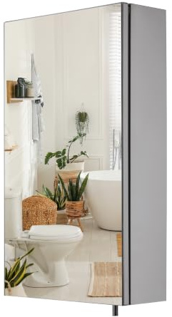 Croydex Anton 55 x 30cm Bathroom Mirror Cabinet - No Assembly Required | Stainless Steel Carcass | 1 Adjustable Glass Shelf | Mirrored Door with Pin Handle | Wide 120 Hinges