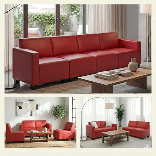 Mendler Modular 4-Sitzer Sofa Couch Lyon, Kunstleder - rot
