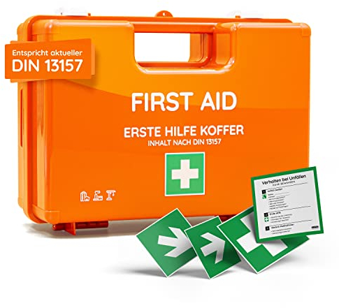 Erste Hilfe Koffer nach neuer DIN 13157:2021 | Gefüllt, inkl. Wandhalterung, 5x Aufkleber, Prüfsticker & 3x Plomben | Erste Hilfe Kasten/Verbandkasten für Betriebe, Unternehmen, Büro & Zuhause