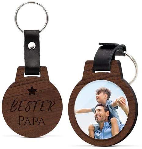CHRISCK design Schlüsselanhänger personalisiert mit Foto und Gravur aus Holz (Nussbaum oder Kirsche) – Bild auf Acrylglas kratzfest – Geschenk für Papa zum Vatertag – Fotogeschenk mit Namen
