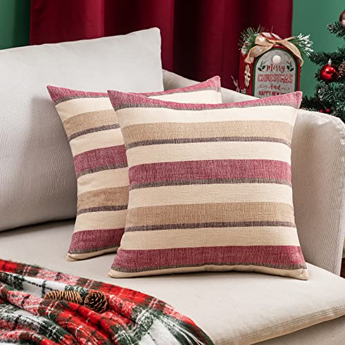 MIULEE Weihnachten Streifen Kissenbezüge Kissenhülle Leinenoptik Sofakissen Dekorative Kissenbezug Dekokissen Deko Couchkissen Bezug für Sofa Couch Schlafzimmer Wohnzimmer 2er Set 50x50 cm Rotwein