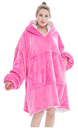 FELOVE Sudadera con Capucha, Manta usable,Grande Hoodie Sudadera con de Gran tamaño, Talla Única, cálida, Suave, y cómoda Sudadera, para Adultos, Hombres, Mujeres, Adolescentes.Rosado Rojo