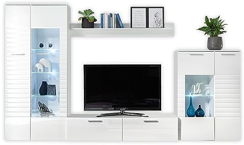 NEW Long Wohnwand Komplett-Set in Weiß - Moderne Schrankwand mit LED-Beleuchtung für Ihr Wohnzimmer - 320 x 194 x 44 cm (B/H/T)