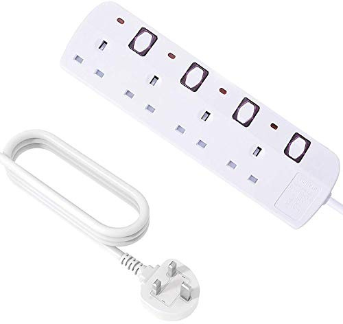 4Gang 3Metres/10 Feet Power Surge Protected Switched Extension Lead 4 Way with Individual Switches
