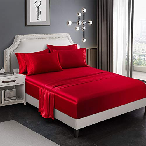 AiMay 6 Piece Satin Bedding Sheet Pillowcase Sets Deep Pocket Luxury Rich Silk Silky Super Soft Solid Color Sexy Honeymoon Stain-Resistant Wrinkle Free (King, Burgundy)