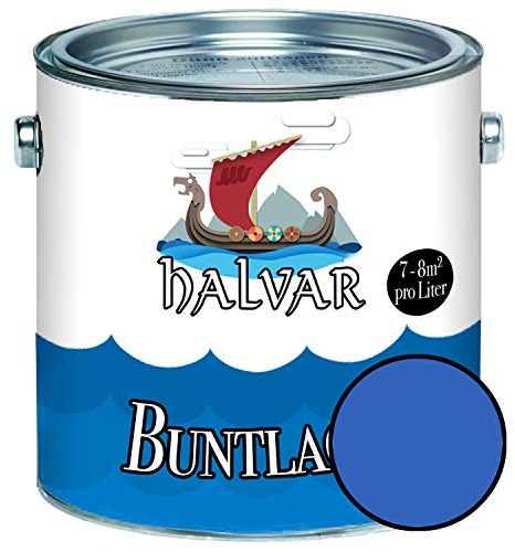 Halvar Buntlack für Holz & Metall SEIDENMATT Blau RAL 5000-5024 Holzfarbe Holzlack Innen & Außen robuster Kunstharzlack Wetterbeständig & perfekter Langzeitschutz (1 L, RAL 5015 Himmelblau)