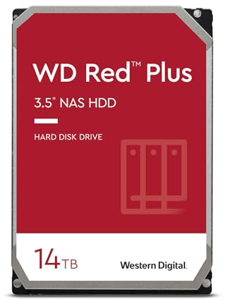 WD Red Plus interne Festplatte NAS 14 TB (3,5 Zoll, Workload-Rate 180 TB/Jahr, 7.200 U/min, 512 MB Cache, 210 MB/s Übertragungsrate, NASware-Firmware für Kompatibilität, 8 Bays) Rot
