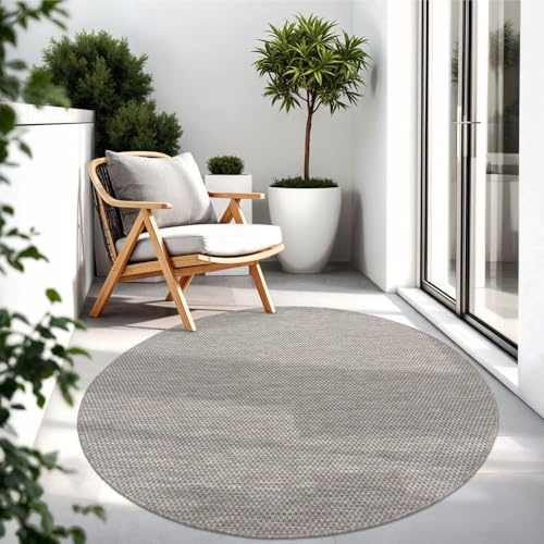 TT Home Teppich Für Outdoor Wetterfest Küchenteppich Balkon Terrasse Unifarbenes Design Modern, Farbe:Grau, Größe:120 cm Rund