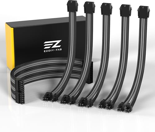 EZDIY-FAB PSU Rallonge de câble gainé Mod personnalisé GPU PC Alimentation en Nylon Souple tressé avec kit de Peigne 24PIN / 3X 8PIN à 6 + 2Pin / 2X 8PIN à 4 + 4PIN-300MM / 11.8in-Noir et Gris