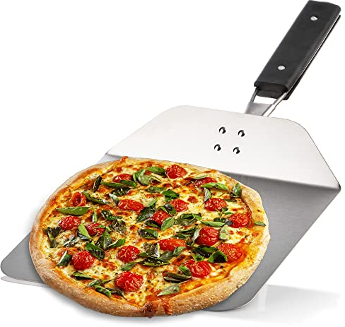 com-four® Pizzaschaufel aus rostfreiem Edelstahl 430 - Pizza- und Kuchenheber mit Holzgriff - Pizzaschieber für Pizza, Flammkuchen, Brötchen und Brot - klappbarer Griff (silberfarben/schwarz - eckig)