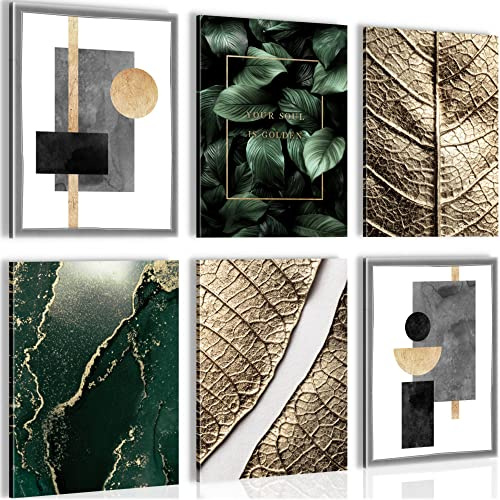 Novart Wandbilder - KEIN EXTRA RAHMEN BENÖTIGT - Wohnzimmer Schlafzimmer - Bilder Modern Abstrakt Figuren Blätter - Gold Grün - N006965a
